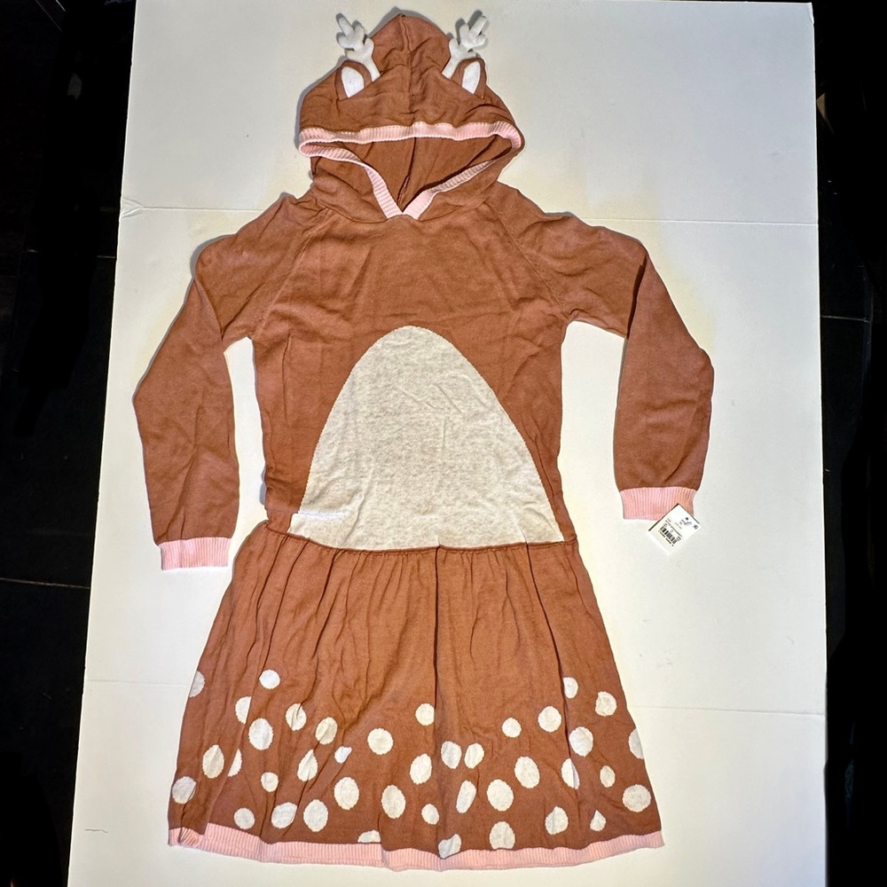Girl’s Brown Holiday Hooded Reindeer Sweater Dress XL 14-16